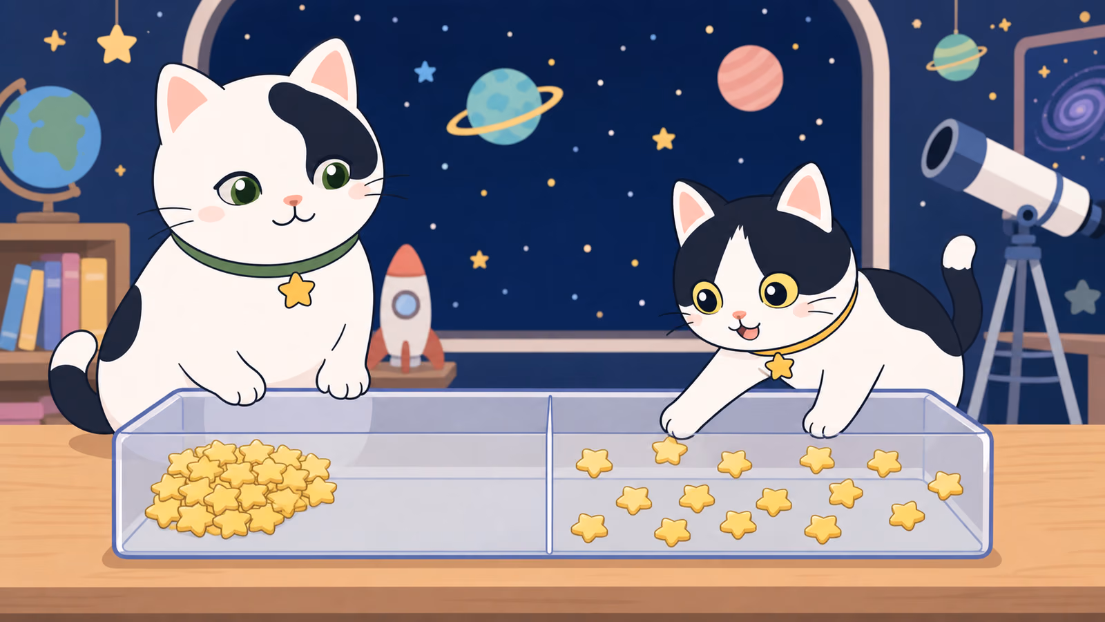 片側に並んだおやつと箱全体に散らばったおやつを比べるゆうとみい