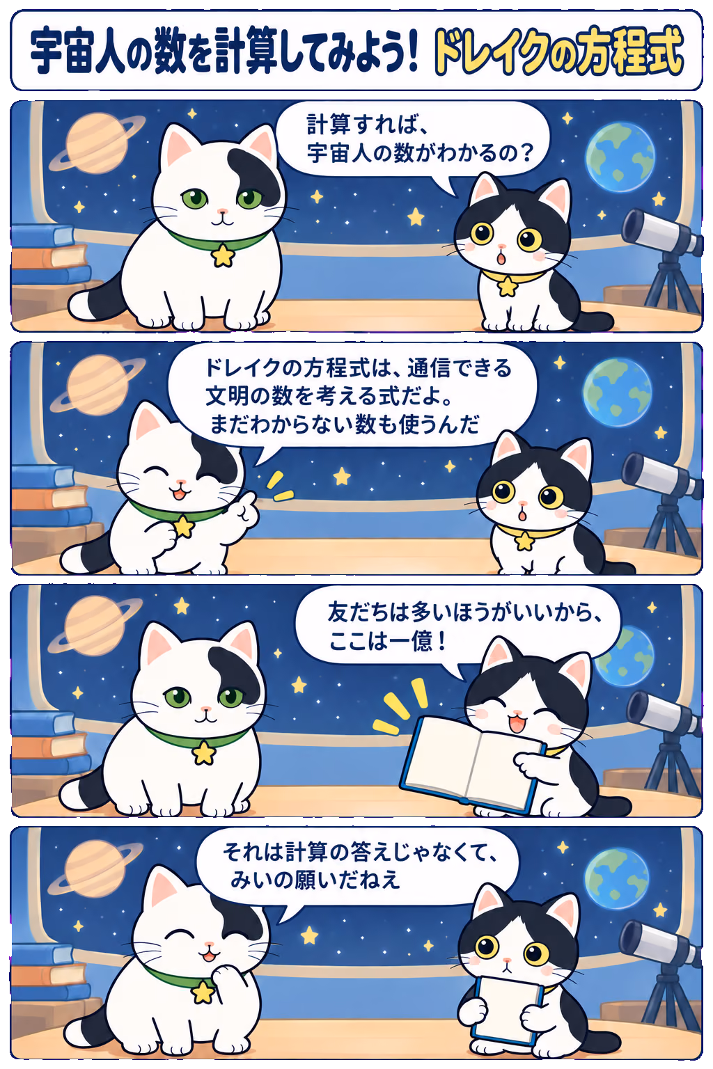 4コマ「宇宙人の数を計算してみよう！ ドレイクの方程式」。1コマ目みい「計算すれば、宇宙人の数がわかるの？」、2コマ目ゆう「ドレイクの方程式は、通信できる文明の数を考える式だよ。まだわからない数も使うんだ」、3コマ目みい「友だちは多いほうがいいから、ここは一億！」、4コマ目ゆう「それは計算の答えじゃなくて、みいの願いだねえ」