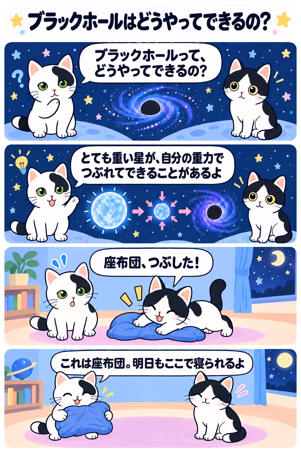 4コマ「ブラックホールはどうやってできるの？」。1コマ目みい「ブラックホールって、どうやってできるの？」、2コマ目ゆう「とても重い星が、自分の重力でつぶれてできることがあるよ」、3コマ目みい「ゆうも、つぶした！」、4コマ目ゆう「これは座布団。明日もここで寝られるよ」