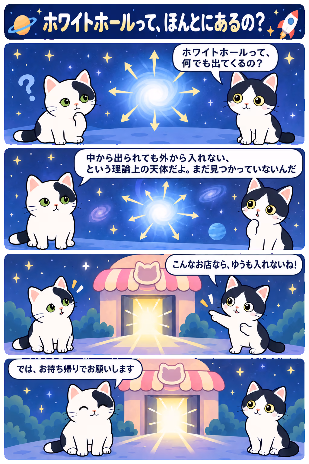 4コマ「ホワイトホールって、ほんとにあるの？」。1コマ目みい「ホワイトホールって、何でも出てくるの？」、2コマ目ゆう「中から出られても外から入れない、という理論上の天体だよ。まだ見つかっていないんだ」、3コマ目みい「こんなお店なら、ゆうも入れないね！」、4コマ目ゆう「では、お持ち帰りでお願いします」