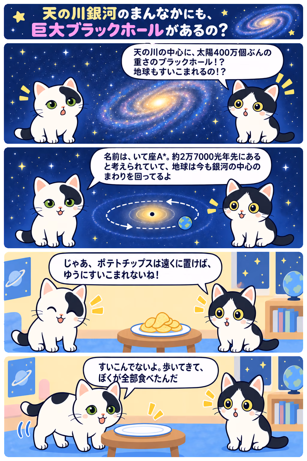 4コマ「天の川銀河のまんなかにも、巨大ブラックホールがあるの？」。1コマ目みい「天の川の中心に、太陽400万個ぶんの重さのブラックホール！？ 地球もすいこまれるの！？」、2コマ目ゆう「名前は、いて座A*。約2万7000光年先にあると考えられていて、地球は今も銀河の中心のまわりを回ってるよ」、3コマ目みい「じゃあ、ポテトチップスは遠くに置けば、ゆうにすいこまれないね！」、4コマ目ゆう「すいこんでないよ。歩いてきて、ぼくが全部食べたんだ」