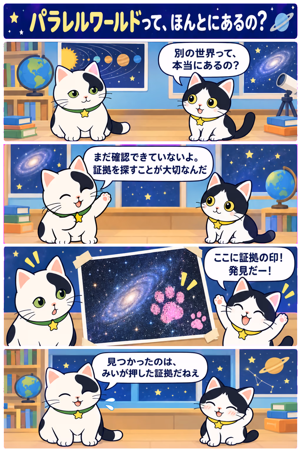4コマ「パラレルワールドって、ほんとにあるの？」。1コマ目みい「別の世界って、本当にあるの？」、2コマ目ゆう「まだ確認できていないよ。証拠を探すことが大切なんだ」、3コマ目みい「ここに証拠の印！ 発見だー！」、4コマ目ゆう「見つかったのは、みいが押した証拠だねえ」
