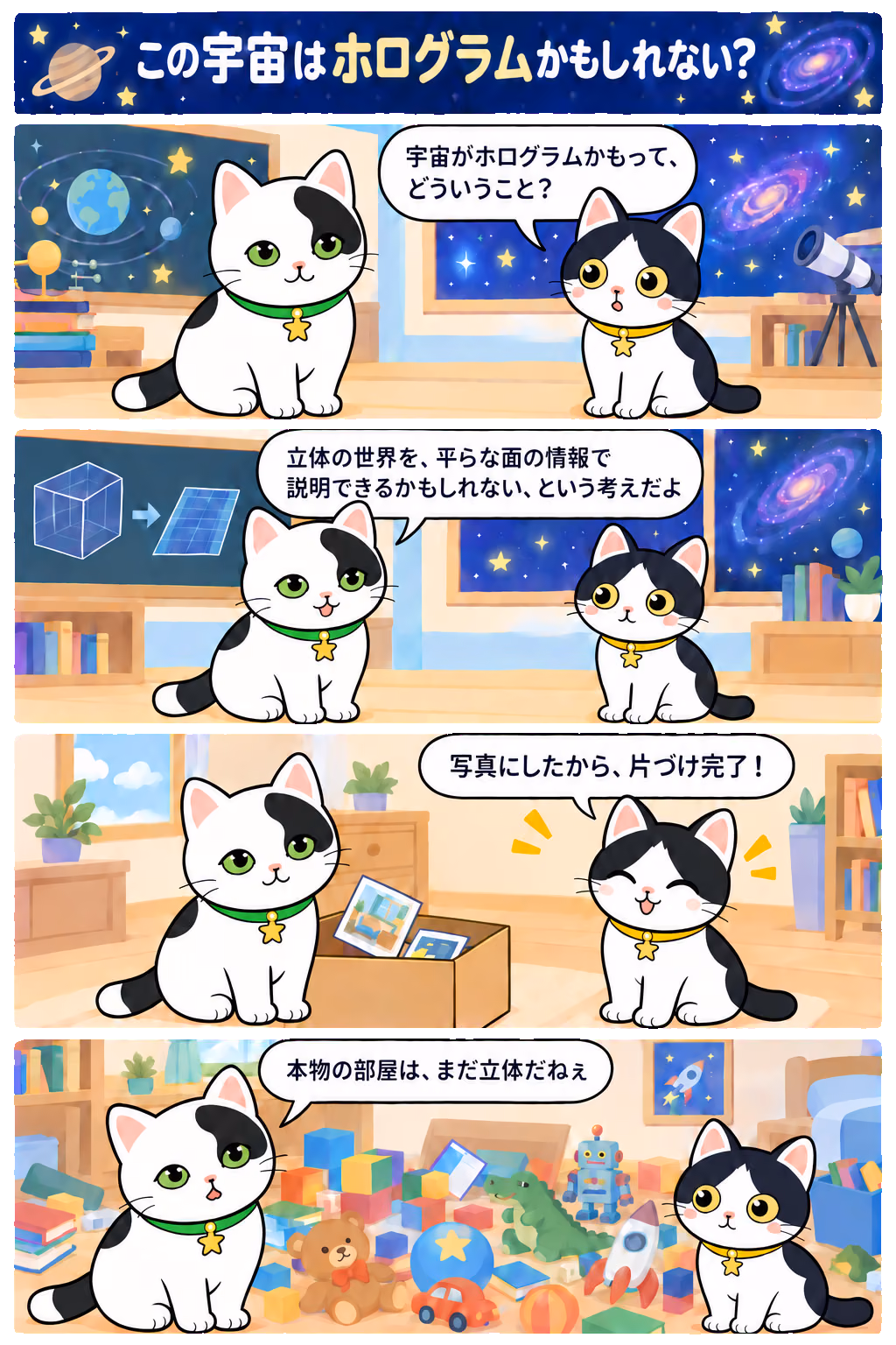 4コマ「この宇宙はホログラムかもしれない？」。1コマ目みい「宇宙がホログラムかもって、どういうこと？」、2コマ目ゆう「立体の世界を、平らな面の情報で説明できるかもしれない、という考えだよ」、3コマ目みい「平らになった部屋、片づけ完了！」、4コマ目ゆう「本物の部屋は、まだ立体だねえ」