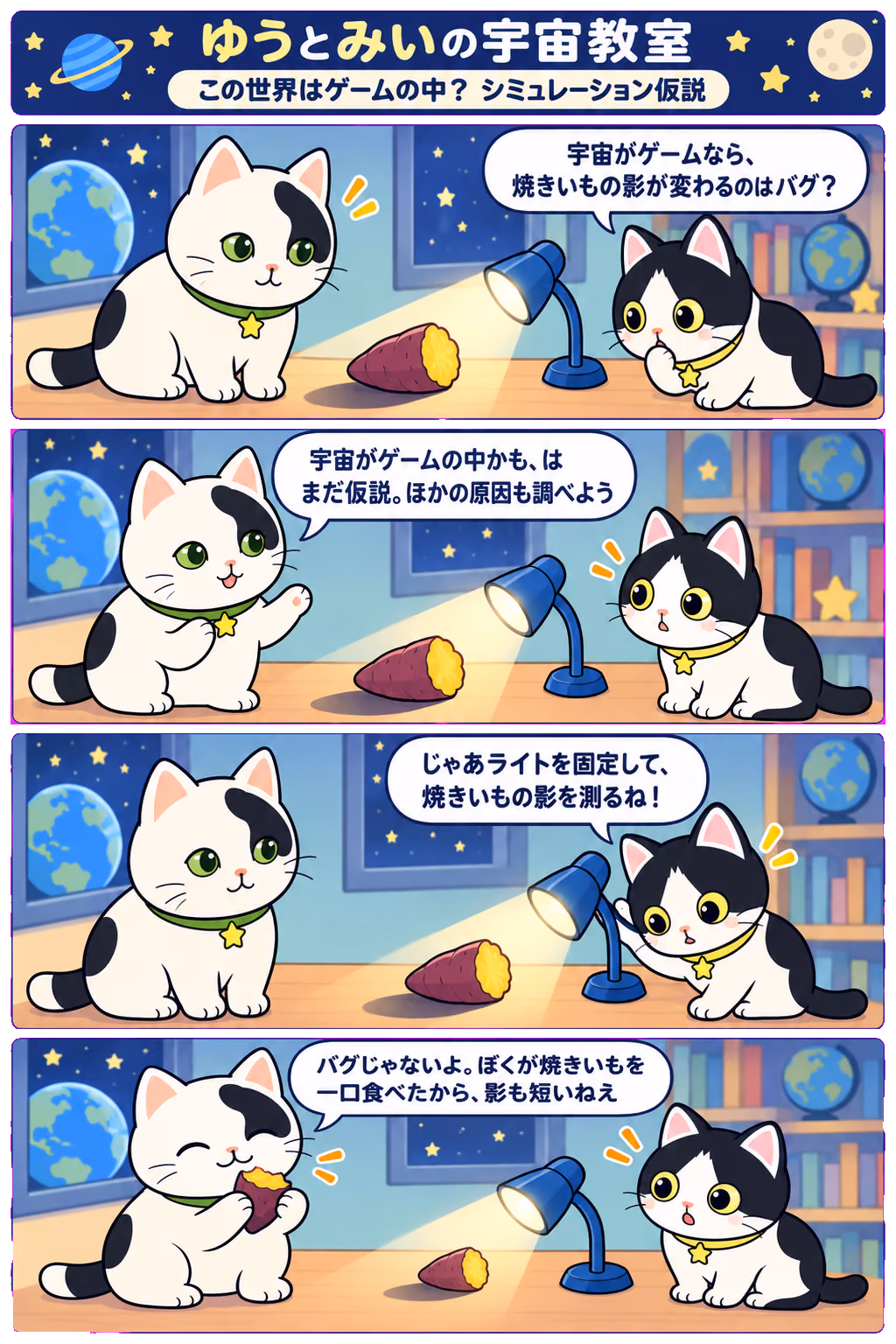 4コマ「この世界はゲームの中？ シミュレーション仮説」。1コマ目みい「宇宙がゲームなら、焼きいもの影が変わるのはバグ？」、2コマ目ゆう「宇宙がゲームの中かも、はまだ仮説。ほかの原因も調べよう」、3コマ目みい「じゃあライトを固定して、焼きいもの影を測るね！」、4コマ目ゆう「バグじゃないよ。ぼくが焼きいもを一口食べたから、影も短いねえ」