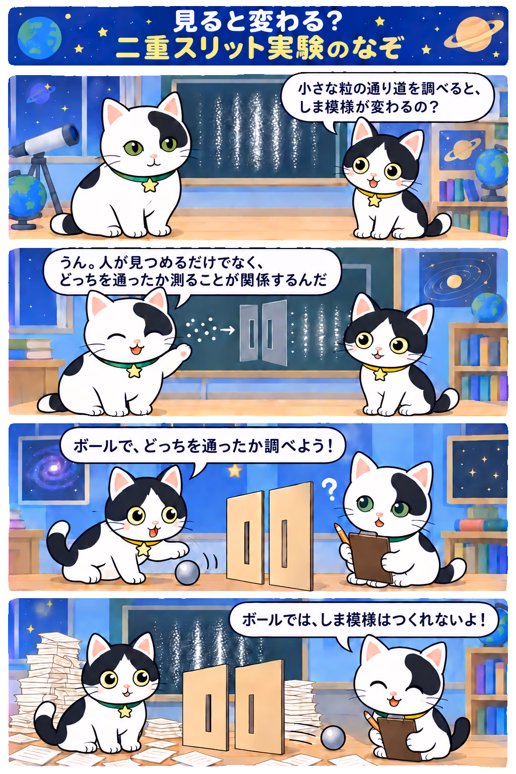 4コマ「見ると変わる？ 二重スリット実験のなぞ」。1コマ目みい「小さな粒の通り道を調べると、しま模様が変わるの？」、2コマ目ゆう「うん。人が見つめるだけでなく、どっちを通ったか測ることが関係するんだ」、3コマ目みい「記録係ごっこ！ ゆう、右か左か、一枚ずつ書いて！」、4コマ目ゆう「しま模様より先に、ぼくの休けいが消えたよ」