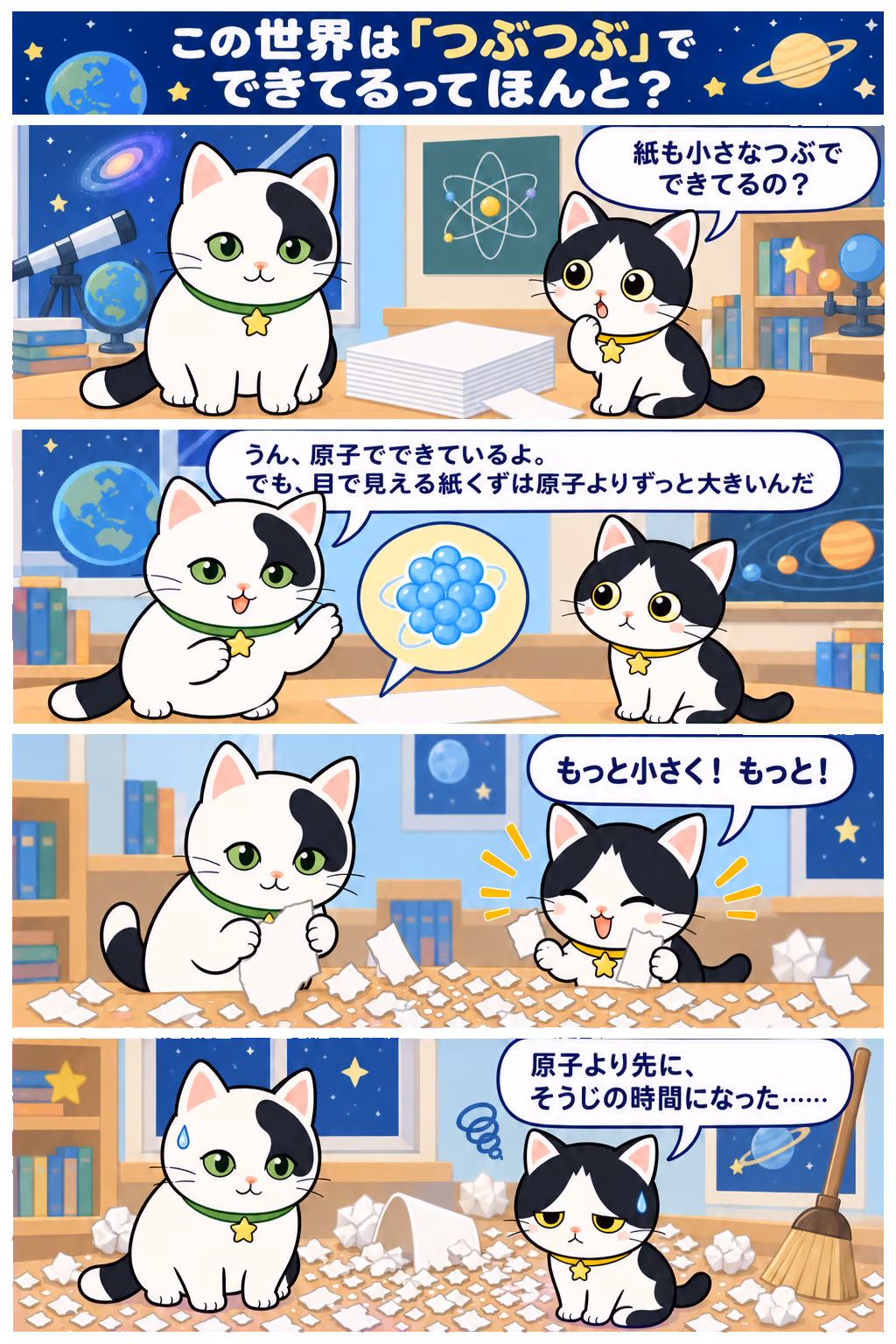4コマ「この世界は「つぶつぶ」でできてるってほんと？」。1コマ目みい「紙も小さなつぶでできてるの？」、2コマ目ゆう「うん、原子でできているよ。でも、目で見える紙くずは原子よりずっと大きいんだ」、3コマ目みい「もっと小さく！ もっと！」、4コマ目みい「原子より先に、そうじの時間になった……」