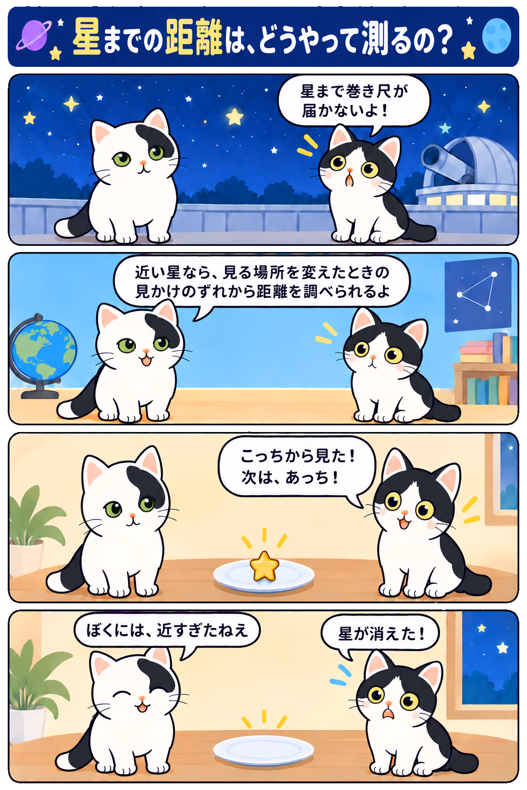 4コマ「星までの距離は、どうやって測るの？」。1コマ目みい「星まで巻き尺が届かないよ！」、2コマ目ゆう「近い星なら、見る場所を変えたときの見かけのずれから距離を調べられるよ」、3コマ目みい「こっちから見た！ 次は、あっち！」、4コマ目みい「星が消えた！」、ゆう「ぼくには、近すぎたねえ」