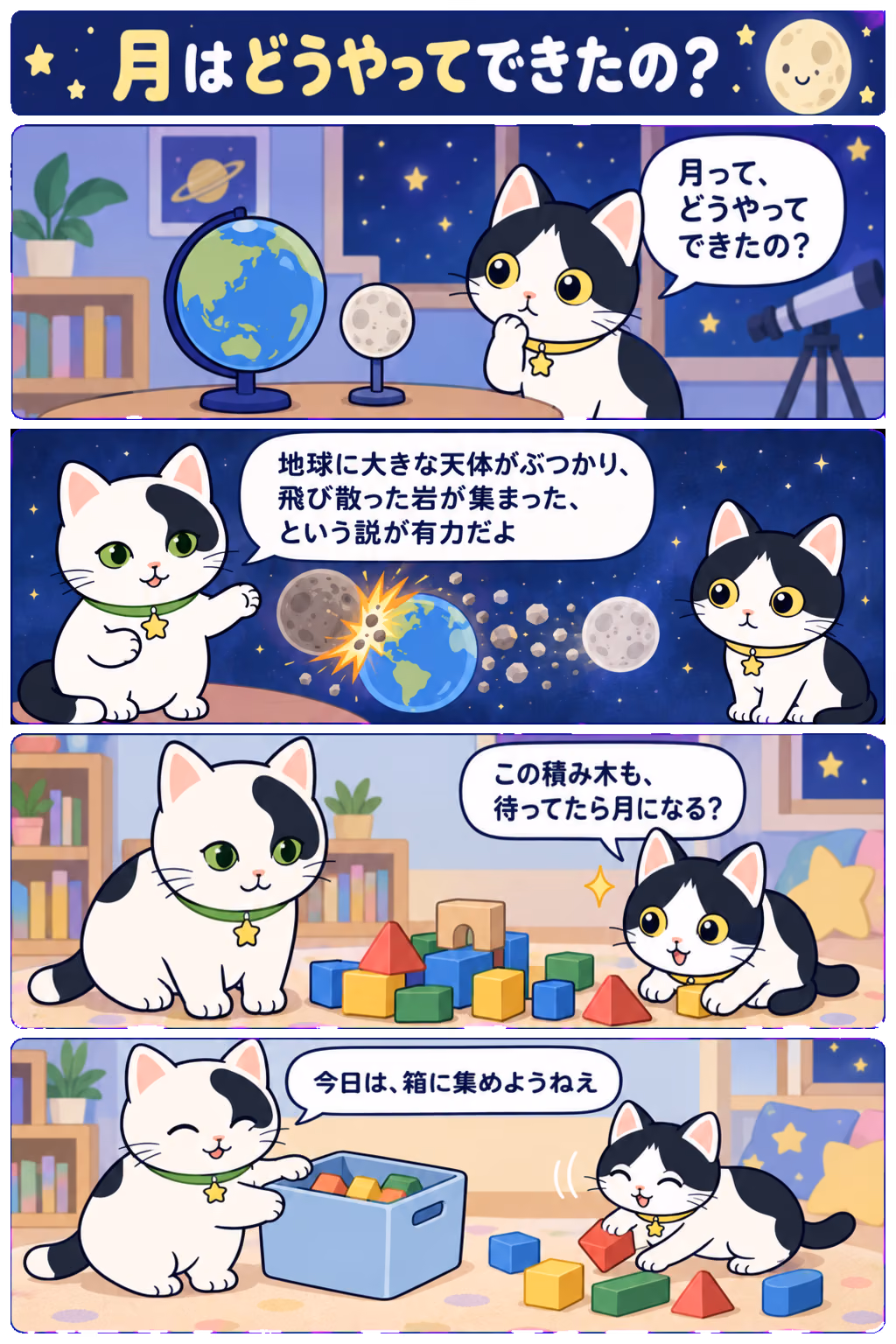 4コマ「月はどうやってできたの？」。1コマ目みい「月って、どうやってできたの？」、2コマ目ゆう「地球に大きな天体がぶつかり、飛び散った岩が集まった、という説が有力だよ」、3コマ目みい「この積み木も、待ってたら月になる？」、4コマ目ゆう「今日は、箱に集めようねえ」