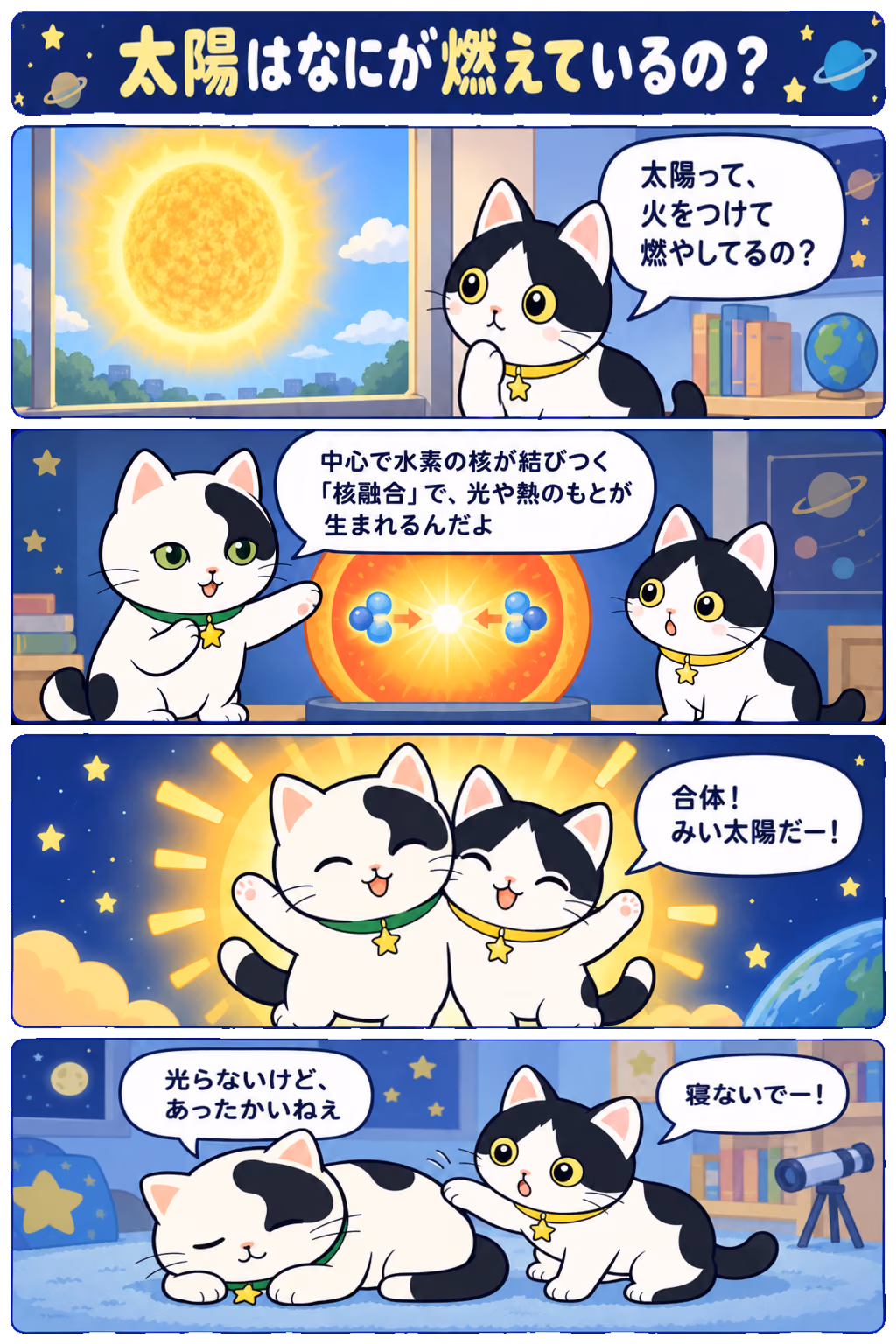 4コマ「太陽はなにが燃えているの？」。1コマ目みい「太陽って、火をつけて燃やしてるの？」、2コマ目ゆう「中心で水素の核が結びつく『核融合』で、光や熱のもとが生まれるんだよ」、3コマ目みい「合体！ みい太陽だー！」、4コマ目ゆう「光らないけど、あったかいねえ」、みい「寝ないでー！」