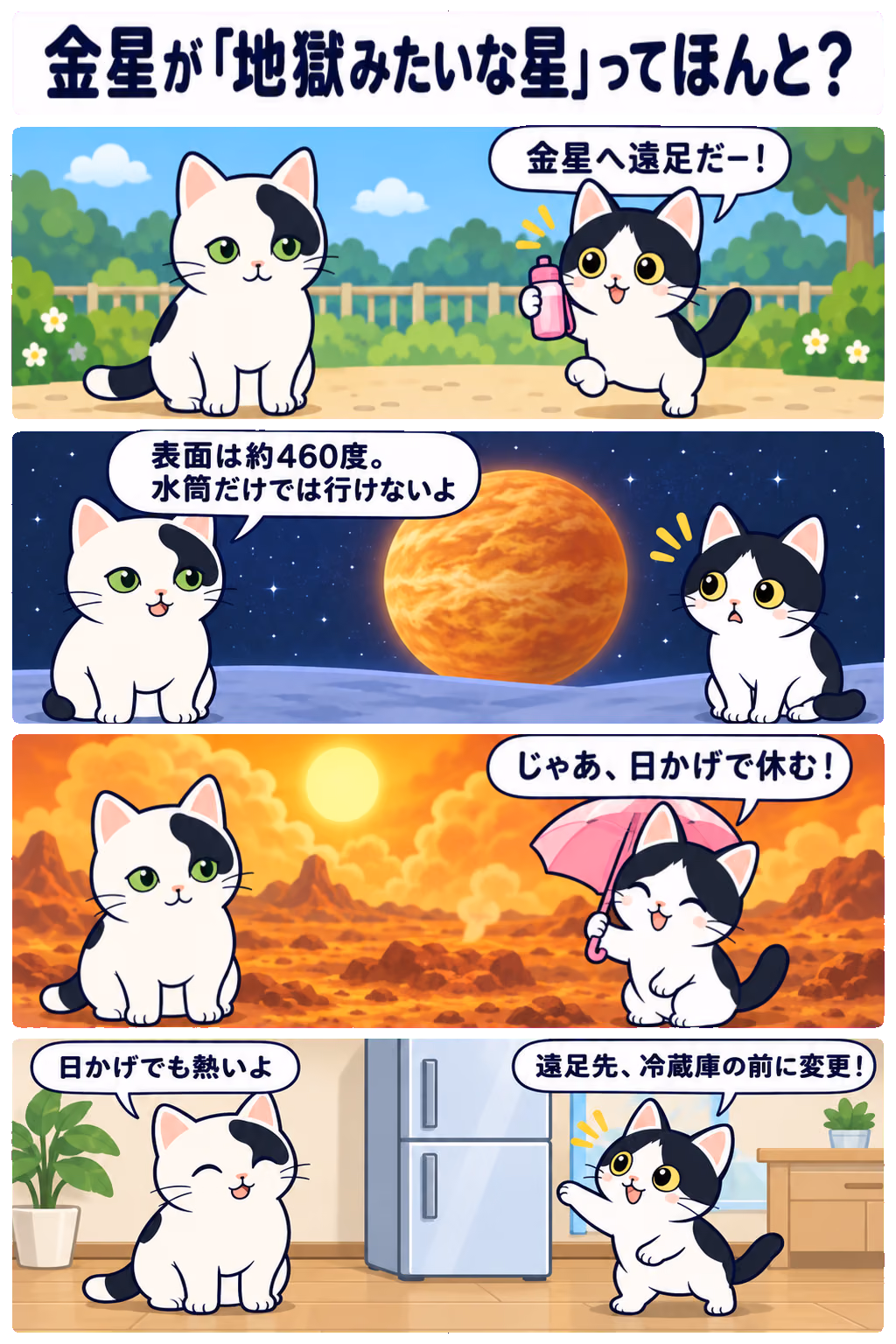 4コマ「金星が「地獄みたいな星」ってほんと？」。1コマ目みい「金星へ遠足だー！」、2コマ目ゆう「表面は約460度。水筒だけでは行けないよ」、3コマ目みい「じゃあ、日かげで休む！」、4コマ目ゆう「日かげでも熱いよ」、みい「遠足先、冷蔵庫の前に変更！」