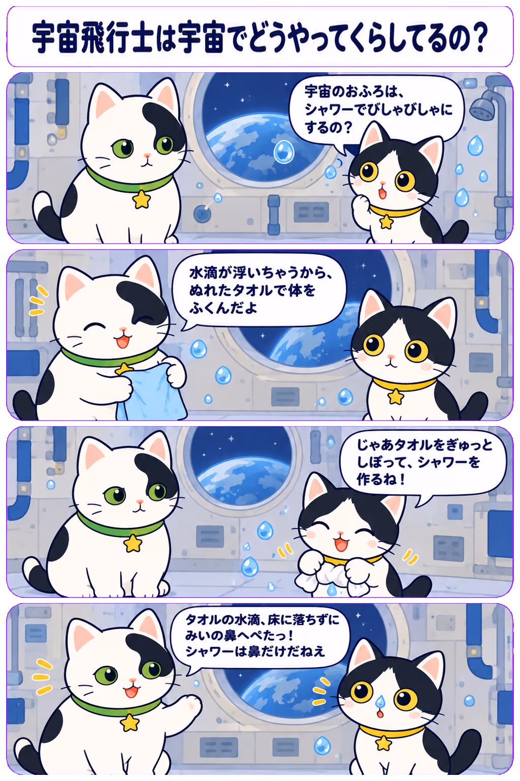 4コマ「宇宙飛行士は宇宙でどうやってくらしてるの？」。1コマ目みい「宇宙のおふろは、シャワーでびしゃびしゃにするの？」、2コマ目ゆう「水滴が浮いちゃうから、ぬれたタオルで体をふくんだよ」、3コマ目みい「じゃあタオルをぎゅっとしぼって、シャワーを作るね！」、4コマ目ゆう「タオルの水滴、床に落ちずにみいの鼻へぺたっ！ シャワーは鼻だけだねえ」